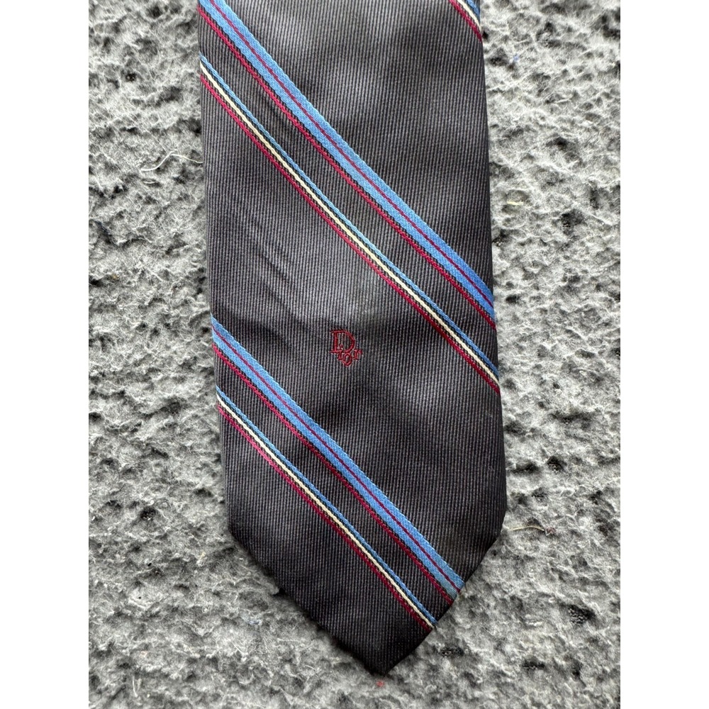 Christian Dior Logo Embroidered Woven Silk Blend Striped Designer Necktie Black